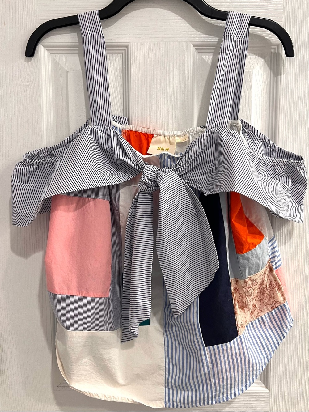 Maeve Patchwork Blue White Striped Tie-Front Tank Off Shoulder Tank Top Blouse